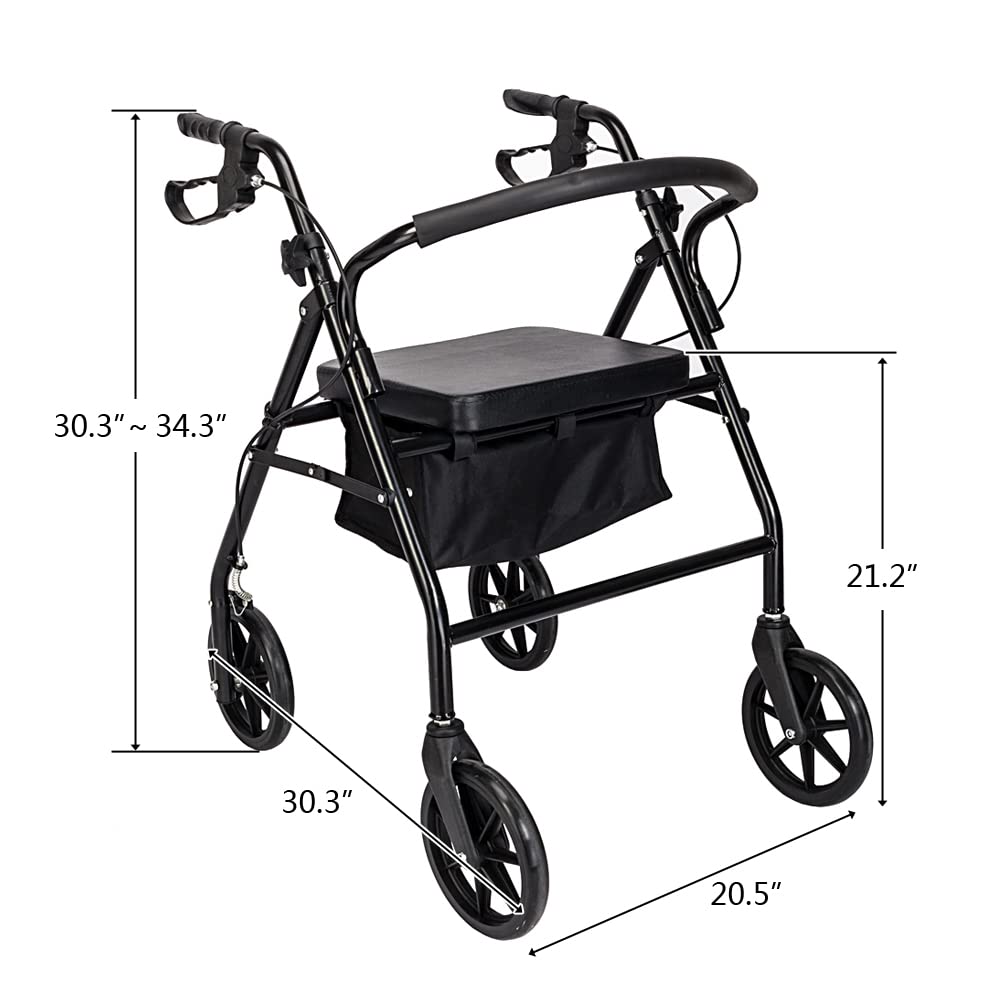 Rollator Walker with Seat, Steel Rolling Walker with 8-inch Wheels Supports up to 286.6lbs,Rolling, for Injuries, Seniors, & Adults (Black)