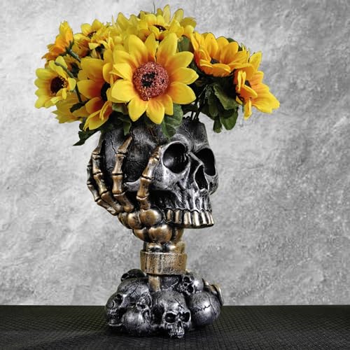 JYTTI Skull Planter, Skull Vase, Gothic Planter, Skull Flower Pot, Goth Plant Pots, Succulent Planters for Home Decor Halloween Decoration (Tall Black Vase)