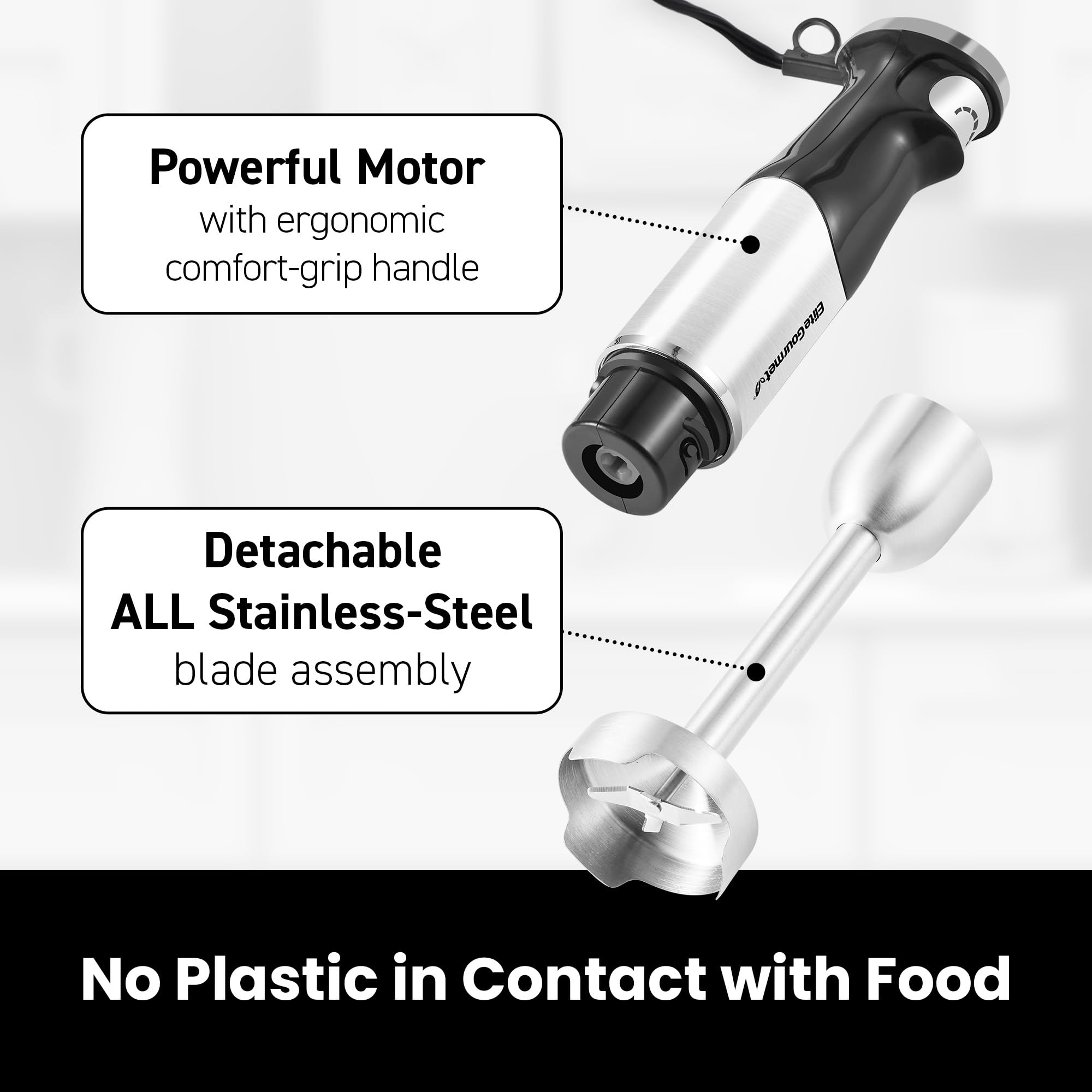 Elite Gourmet EHB1062 Variable Step-less Speed Immersion Hand Blender 500 Watts with Turbo, Stainless Steel Blades, Pressure Controlled Stick Mixer, Sauces, Soup, Smoothies, Baby Food, Stainless Steel