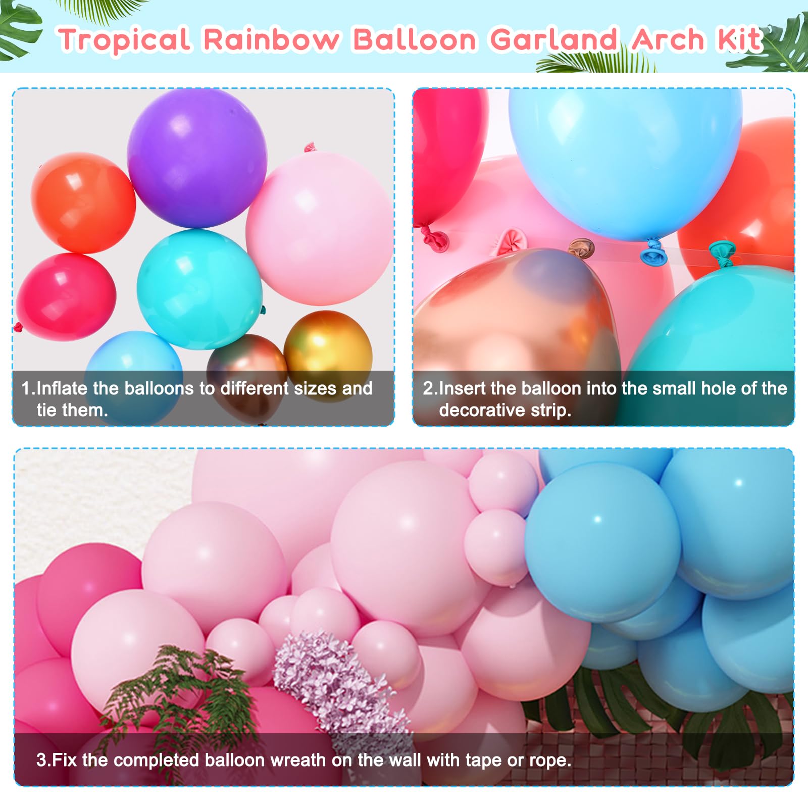 RUBFAC 174pcs Tropical Balloon Arch Kit, Rainbow Balloon Garland for Hawaiian Luau Summer Theme Party Decoration Birthday Baby Shower Bridal Wedding