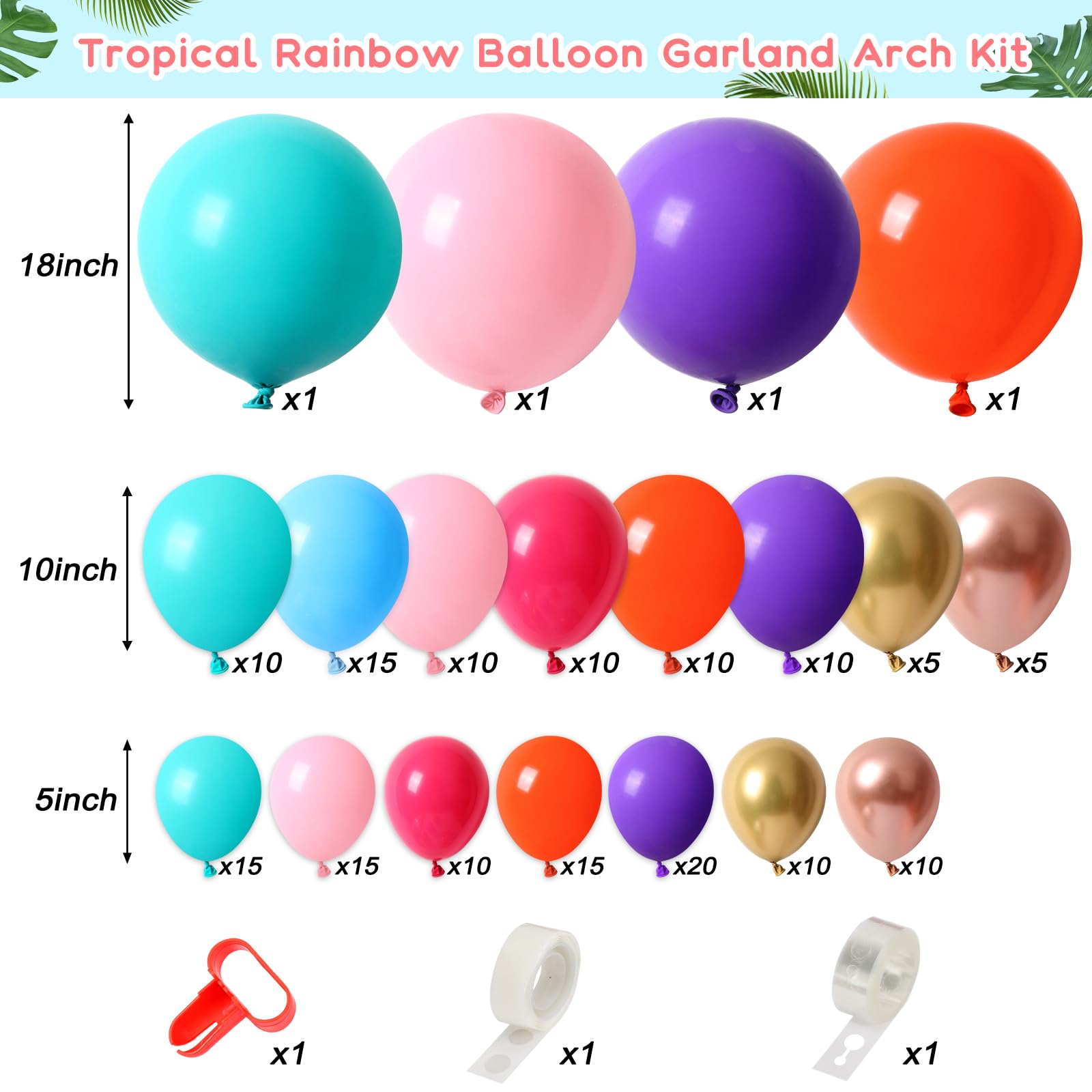 RUBFAC 174pcs Tropical Balloon Arch Kit, Rainbow Balloon Garland for Hawaiian Luau Summer Theme Party Decoration Birthday Baby Shower Bridal Wedding