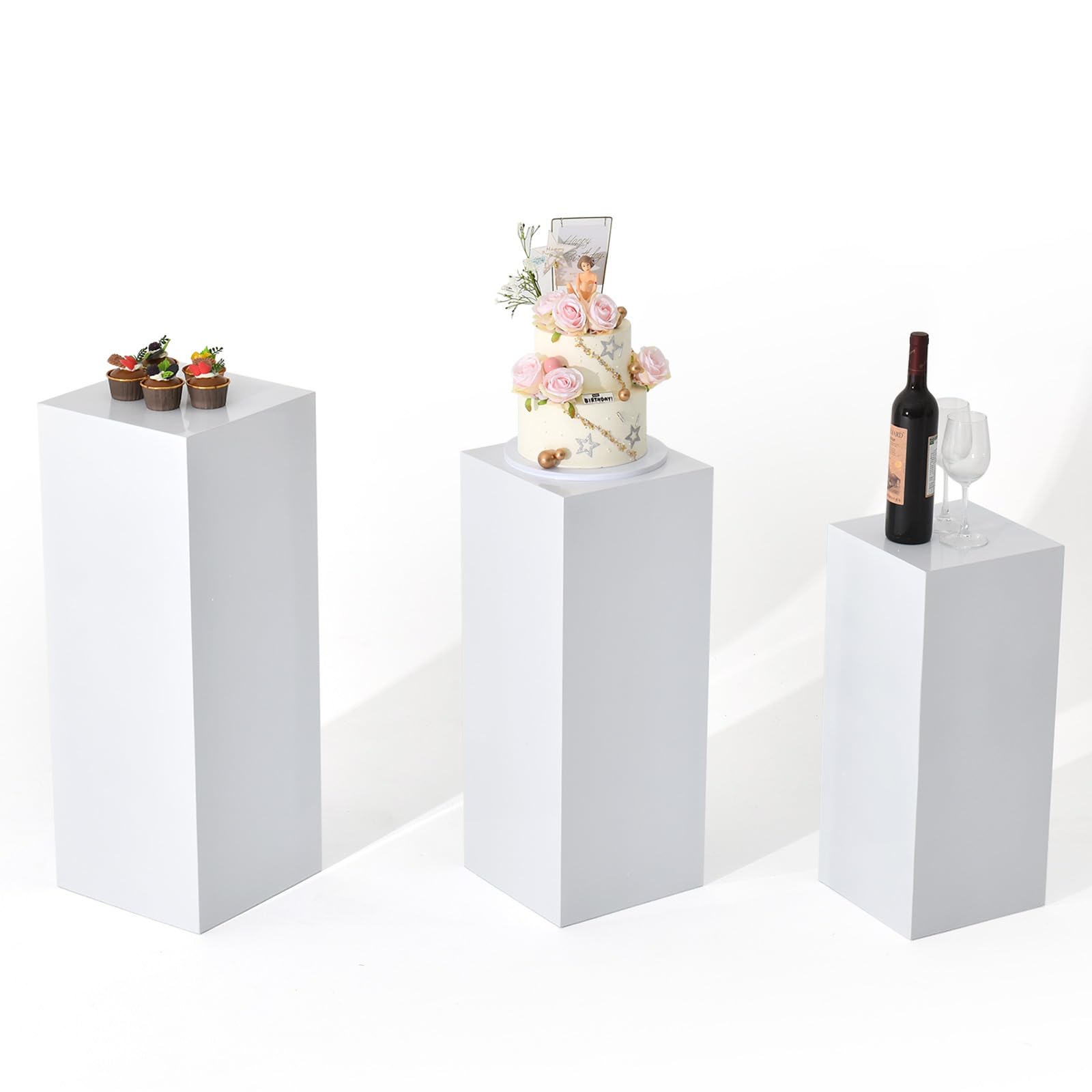 Vincidern 3PCs Metal Pedestal Stand for Party, White Display Pedestal Stands Pillars for Wedding, Sculpture Display Stand Column Decoration Pedestal Cube