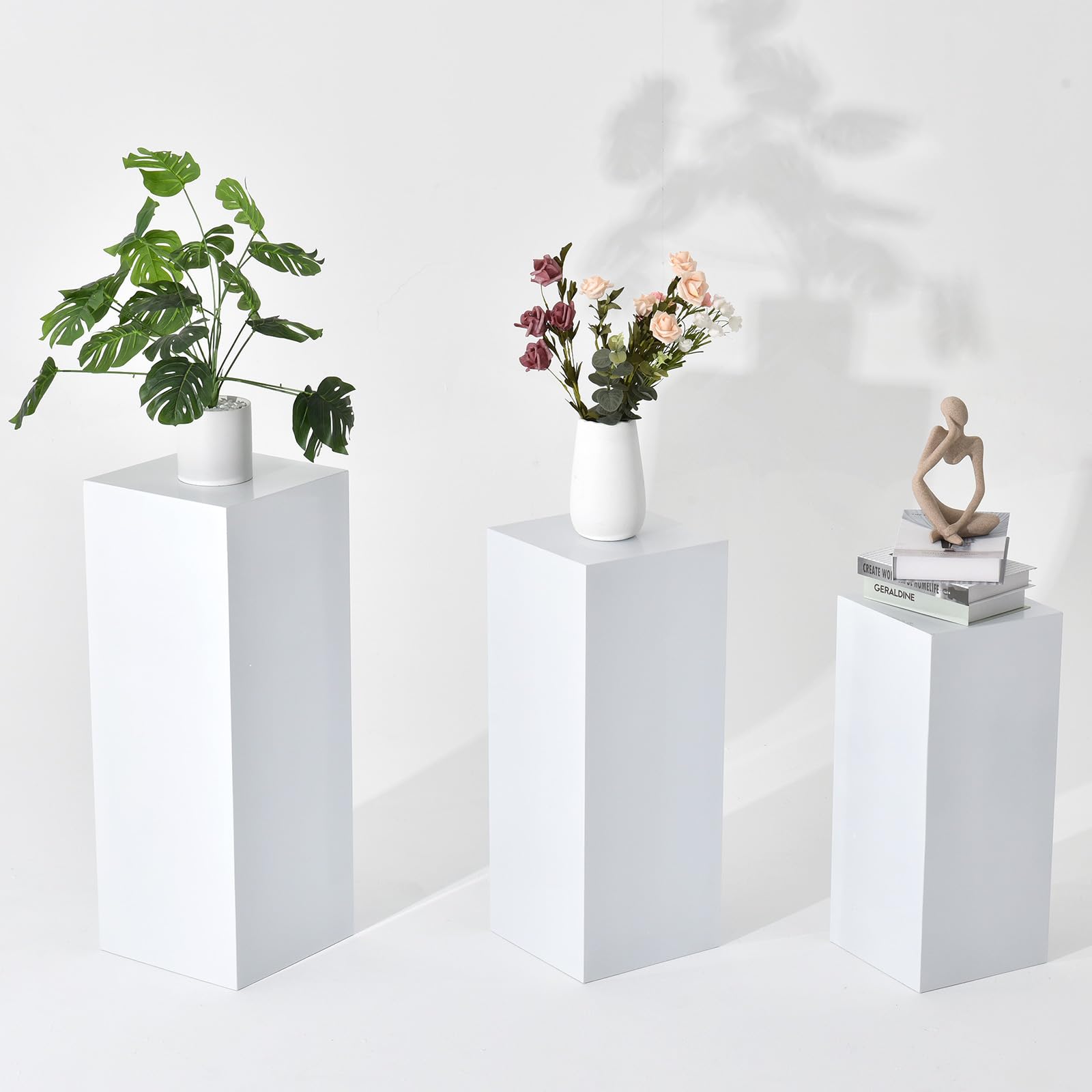 Vincidern 3PCs Metal Pedestal Stand for Party, White Display Pedestal Stands Pillars for Wedding, Sculpture Display Stand Column Decoration Pedestal Cube