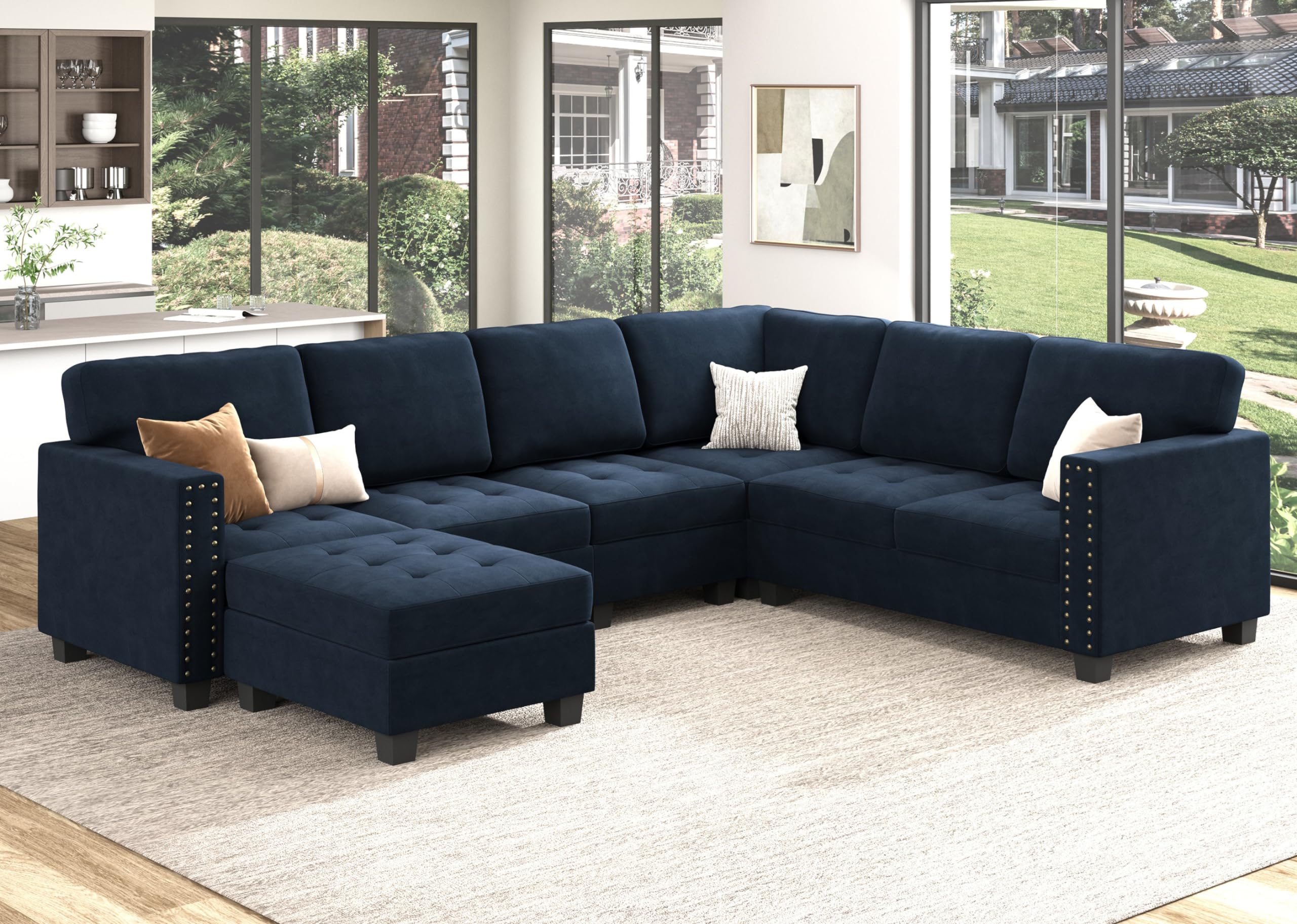 HONBAY Velvet Convertible Sectional Sofa L Shaped Couch with Storage Top Tray Ottoman Corner Sectional Couch with Reversible Chaise