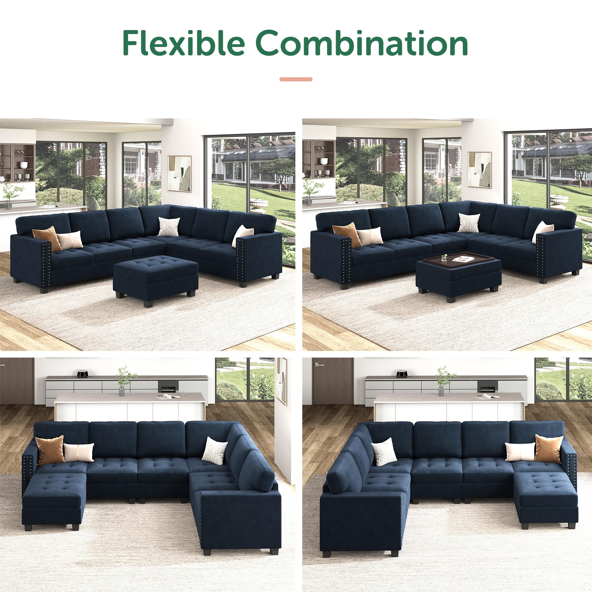 HONBAY Velvet Convertible Sectional Sofa L Shaped Couch with Storage Top Tray Ottoman Corner Sectional Couch with Reversible Chaise