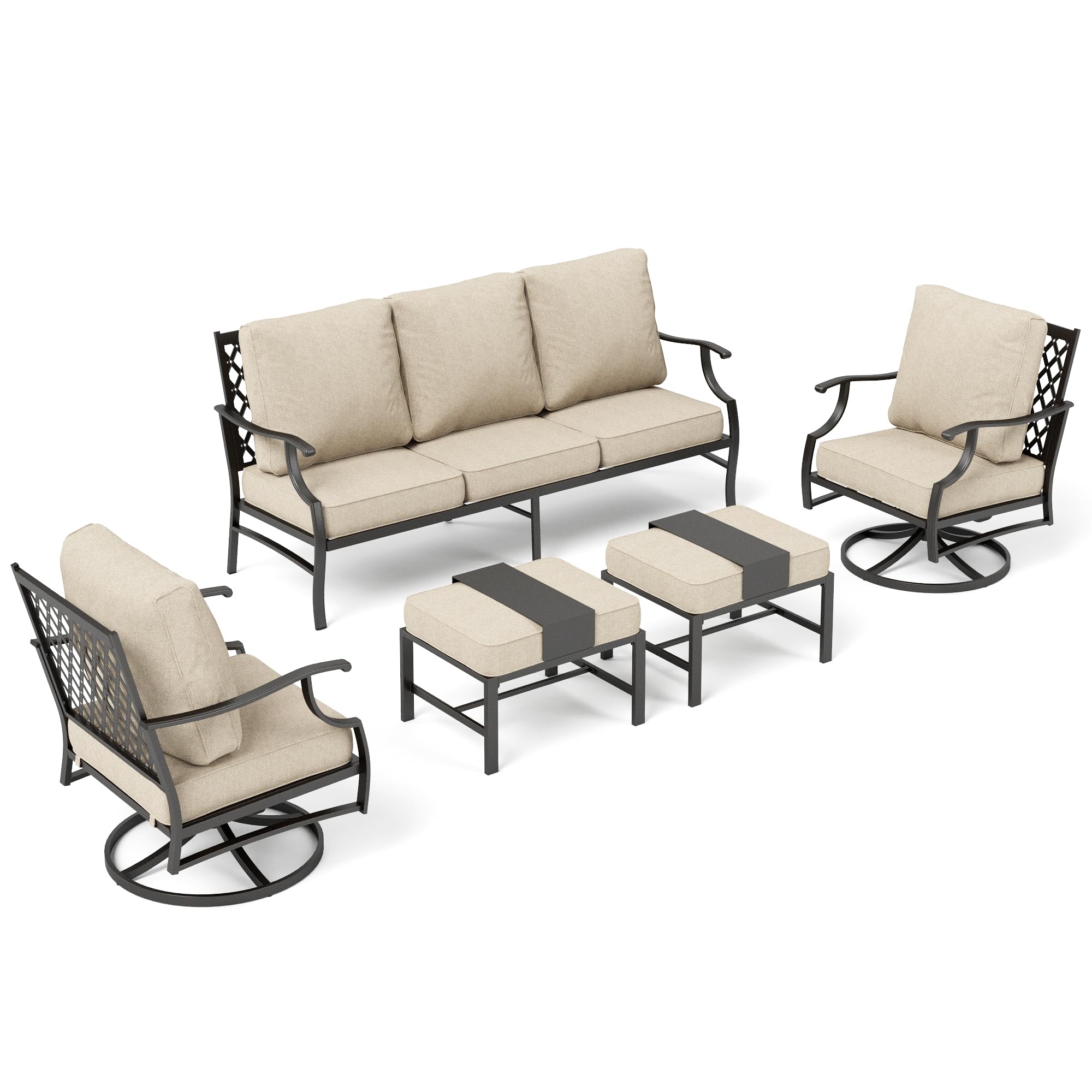 SUNSHINE VALLEY Patio Furniture Set, Modern Metal Outdoor Patio Furniture, 3 Seater Sofa, 2 Swivel Chairs, 2 Ottomans and 5.75" Extra Thick Cushion, Patio Conversation Set for Garden Backyard Deck