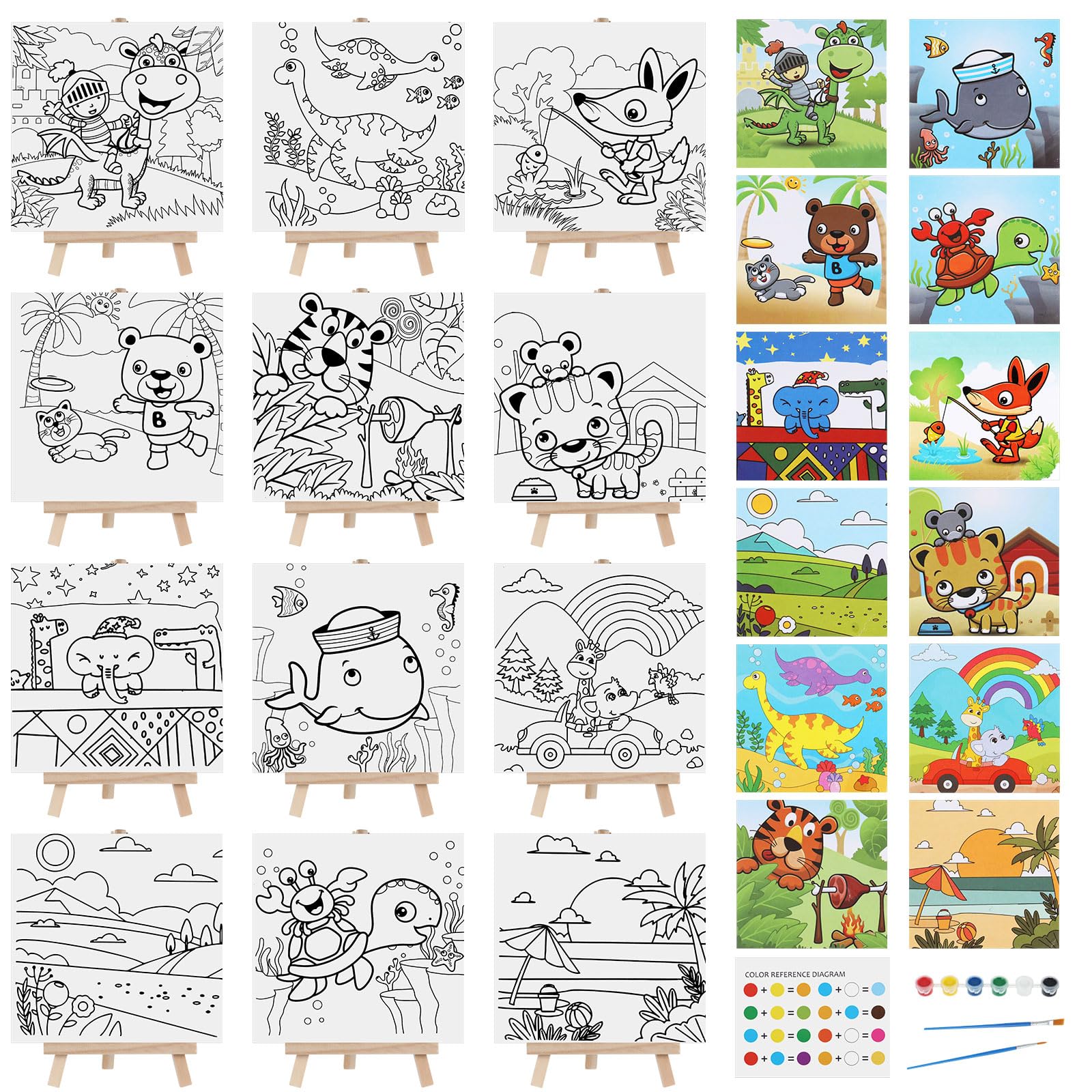 Tenceur 12 Sets Pre Drawn Canvas to Paint Paint Your Own Designer Canvas Set Coloring Painting Canvas Panels Pre Stenciled Canvas Boards with Paints and Brushes for Kid Adult(Cute Style)