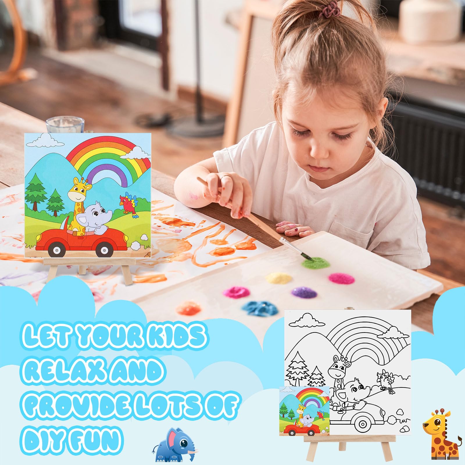 Tenceur 12 Sets Pre Drawn Canvas to Paint Paint Your Own Designer Canvas Set Coloring Painting Canvas Panels Pre Stenciled Canvas Boards with Paints and Brushes for Kid Adult(Cute Style)