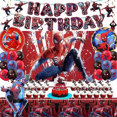 Spider Birthday Party Supplies for Kids, Spider Birthday Party Decorations Include Backdrop, Birthday Banner, Foil Balloons, Cupcake Toppers, Tablecloth for Spider Theme Party