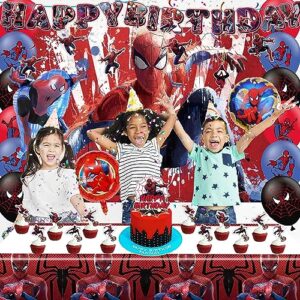 Spider Birthday Party Supplies for Kids, Spider Birthday Party Decorations Include Backdrop, Birthday Banner, Foil Balloons, Cupcake Toppers, Tablecloth for Spider Theme Party