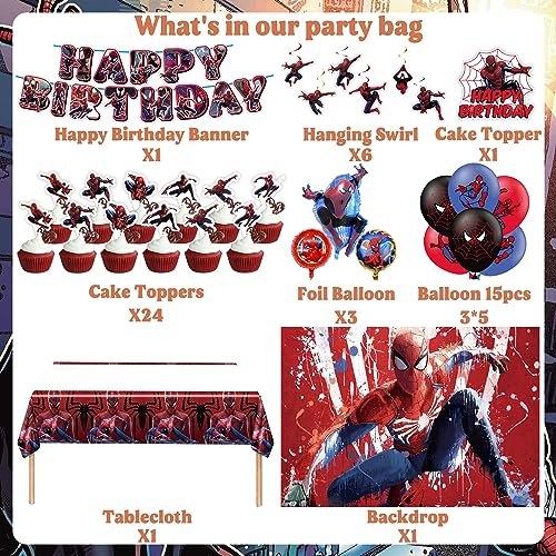 Spider Birthday Party Supplies for Kids, Spider Birthday Party Decorations Include Backdrop, Birthday Banner, Foil Balloons, Cupcake Toppers, Tablecloth for Spider Theme Party