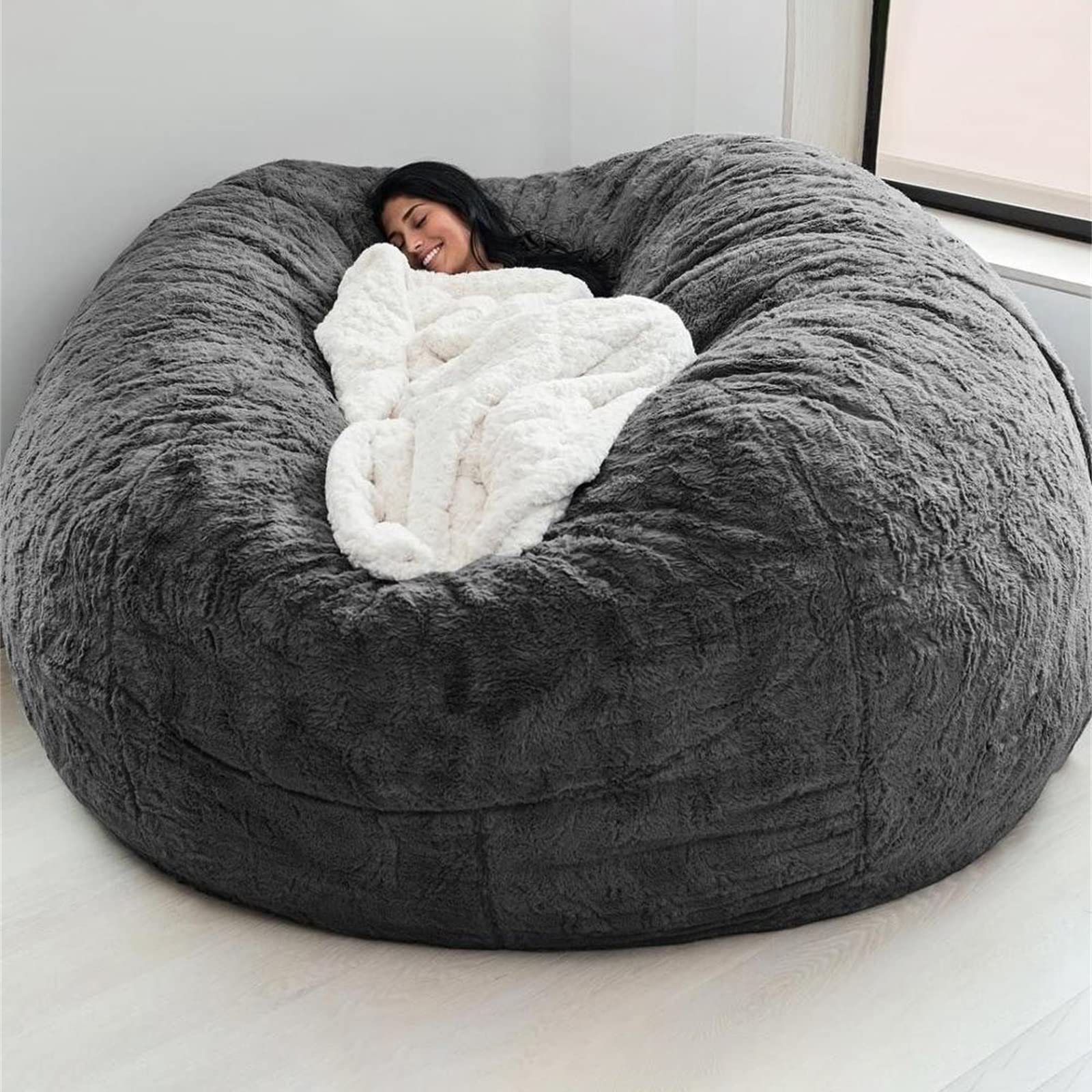 Giant Fur Bean Bag Chair Cover for Kids Adults, (No Filler) Living Room Furniture Big Round Soft Fluffy Faux Fur Beanbag Lazy Sofa Bed Cover (Grey, 5FT)