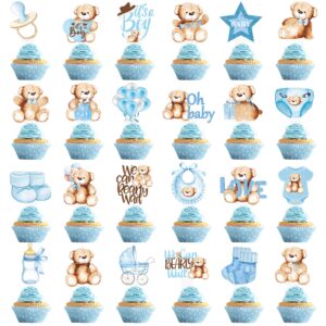 48Pcs We Can Bearly Wait Cupcake Toppers Teddy Bear Birthday Party Supplies Glitter Teddy Bear Cupcake Toppers Decorations for Baby Shower Bear Theme Birthday Party Gender Reveal Party Supplies