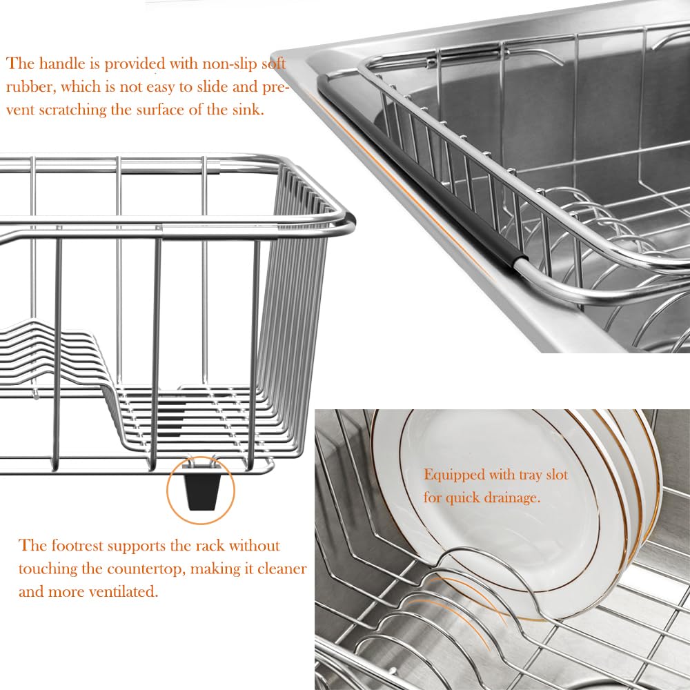 YEECOPON Dish Rack in Sink, Expandable Over The Sink Dish Drying Rack with Utensil Holder and Silicone Drainage pad (Large + 16" Silicone pad)