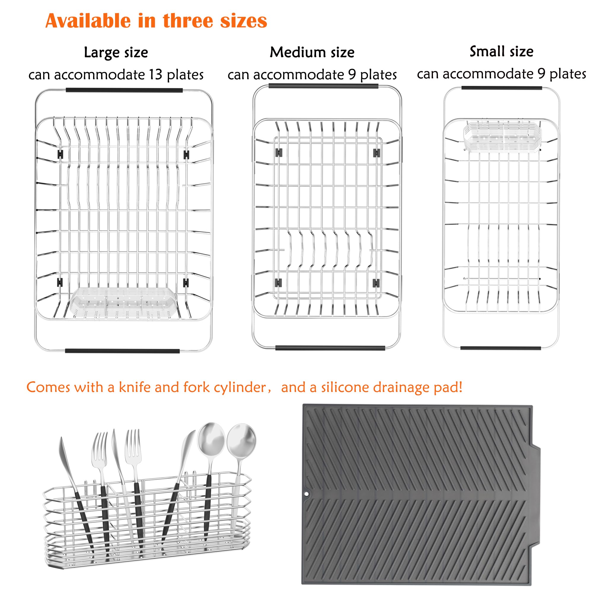 YEECOPON Dish Rack in Sink, Expandable Over The Sink Dish Drying Rack with Utensil Holder and Silicone Drainage pad (Large + 16" Silicone pad)