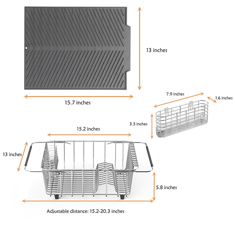 YEECOPON Dish Rack in Sink, Expandable Over The Sink Dish Drying Rack with Utensil Holder and Silicone Drainage pad (Large + 16" Silicone pad)