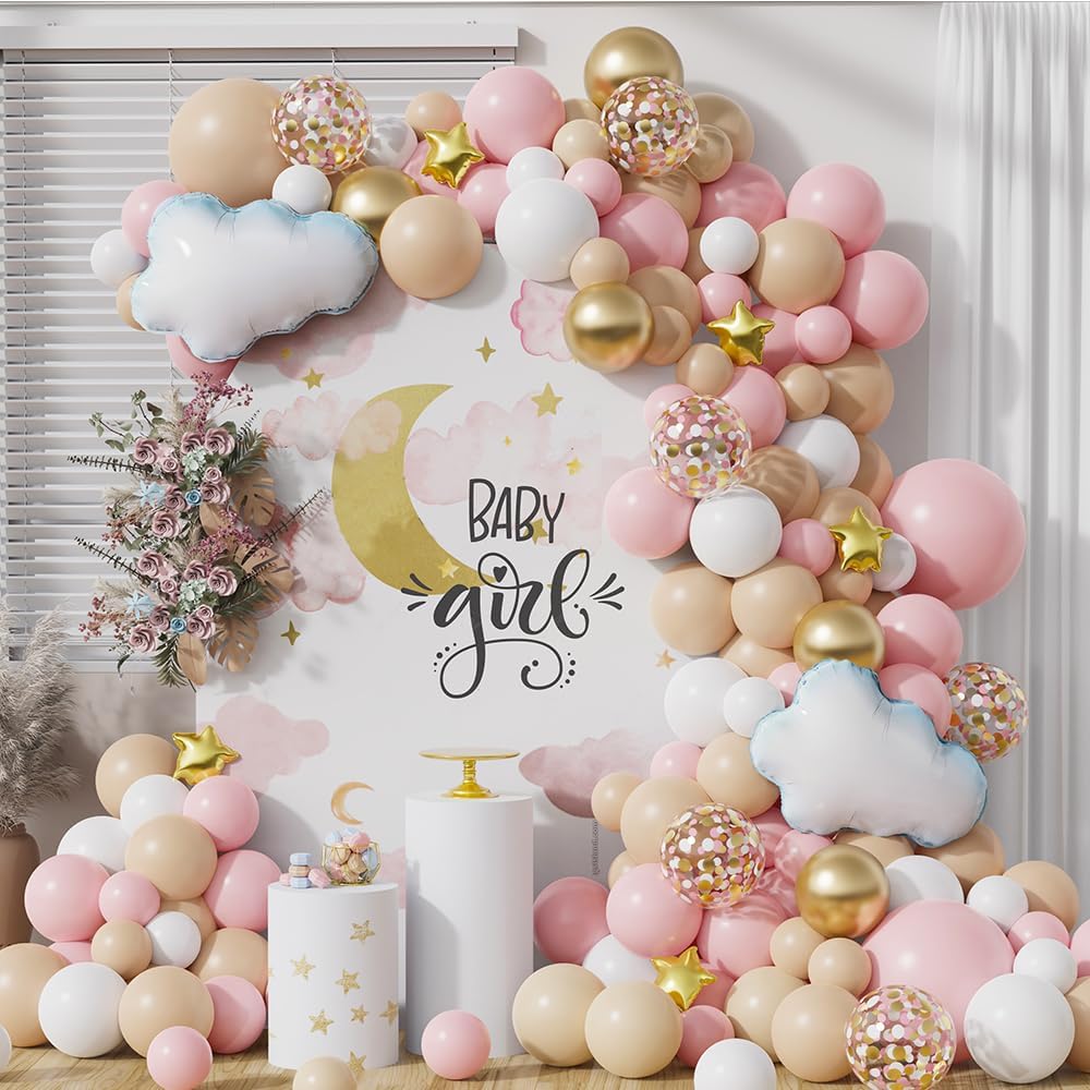 Cloud Balloon Arch Garland Kit 146pcs Pastel Pink Nude and Chrome Metallic Gold Latex Balloon with White Cloud Foil Balloon for Girl Baby Shower Birthday Party Decoration