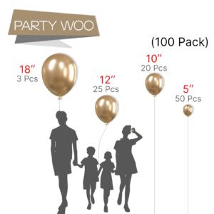 PartyWoo Chrome Gold Balloons, 100 pcs Gold Chrome Balloons Different Sizes Pack of 18 Inch 12 Inch 10 Inch 5 Inch for Balloon Garland or Arch as Birthday Decorations, Party Decorations, Gold-G127