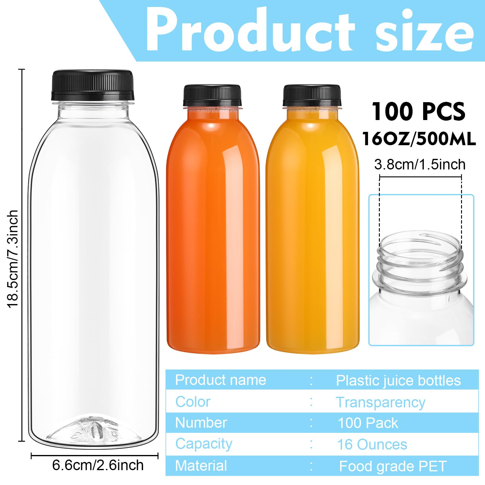 Bokon 100 Pack Plastic Juice Bottles with Caps for Juicing Clear Reusable Drink Containers with Lids Empty PET Beverages Bottles Bulk for Juicing Smoothies Drinking Beverages Fridge(12 oz)