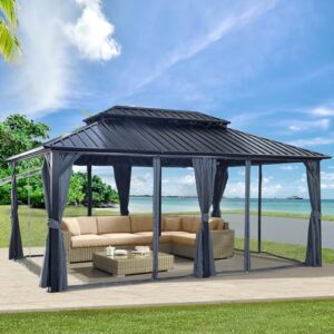 goohome 12 x 18ft hardtop gazebo, aluminum frame double roof gazebo canopy with mosquito net and curtains, outdoor permanent hard top waterproof pergola for shade and rain for lawn, backyard, deck