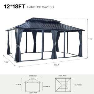 Goohome 12 x 18FT Hardtop Gazebo, Aluminum Frame Double Roof Gazebo Canopy with Mosquito Net and Curtains, Outdoor Permanent Hard Top Waterproof Pergola for Shade and Rain for Lawn, Backyard, Deck