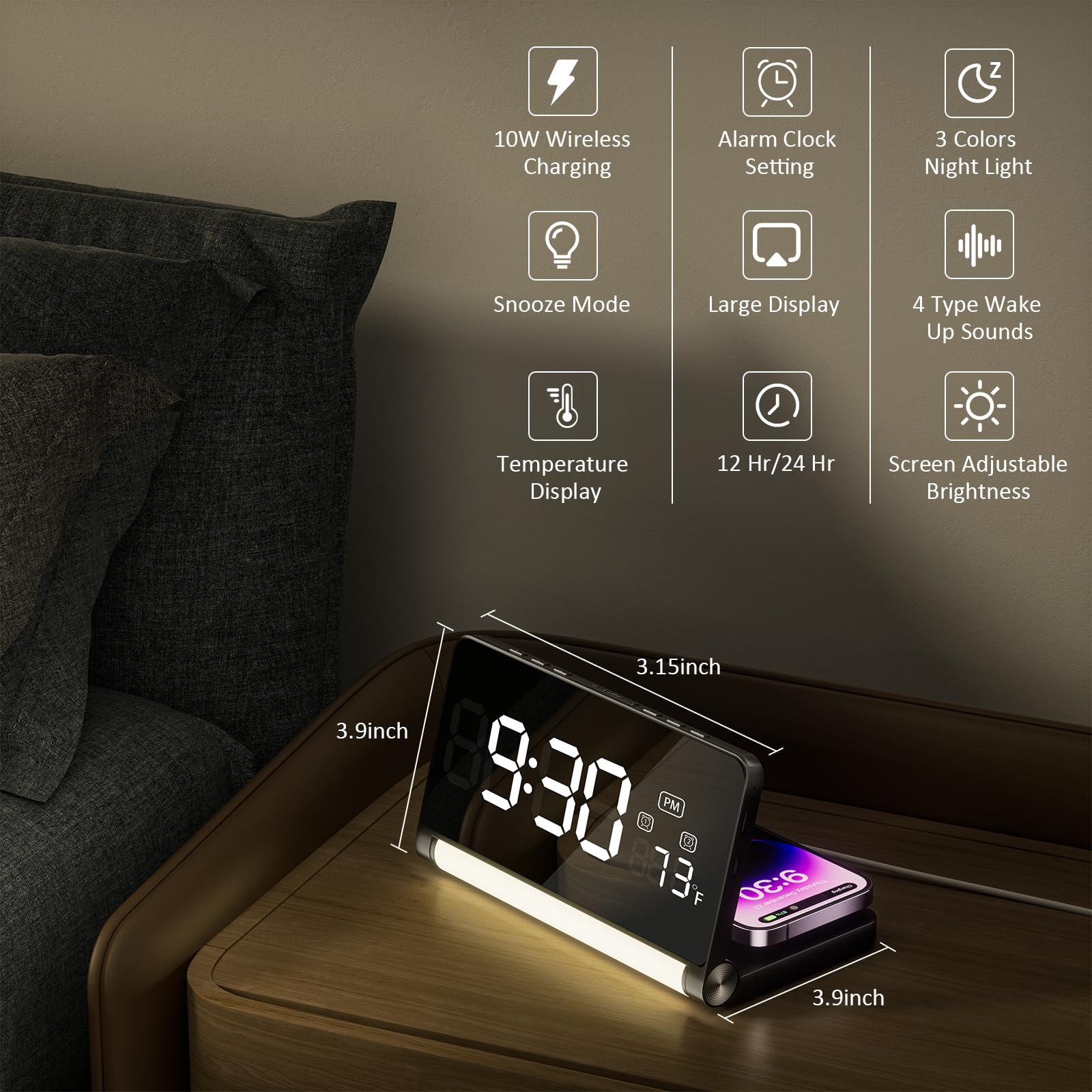 3 in 1 Alarm Clock, Digital Alarm Clock with Wireless Charging, 3 Colors Night Light, Large Display, Foldable Alarm Clocks for Bedrooms, Cool Stuff Alarm Clock