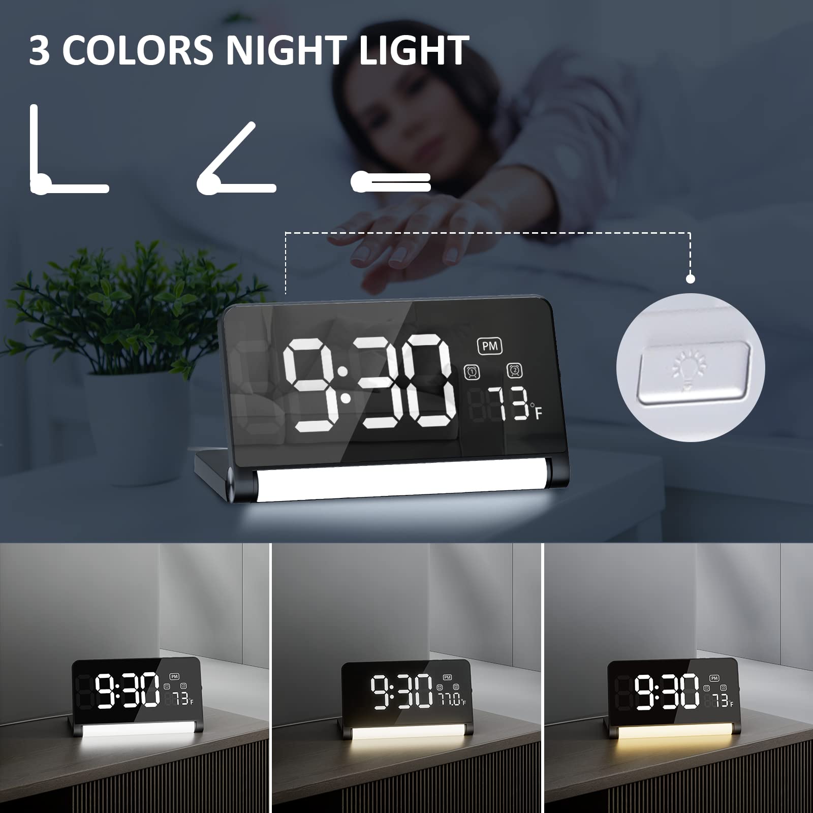 3 in 1 Alarm Clock, Digital Alarm Clock with Wireless Charging, 3 Colors Night Light, Large Display, Foldable Alarm Clocks for Bedrooms, Cool Stuff Alarm Clock