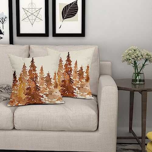 Fall Tree Pillow Covers 18x18 Set of 2 Rustic Autumn Decor Burnt Orange Watercolor Forest Decorative Throw Pillows Nature Themed Outdoor PillowCase Farmhouse Cushion Case for Sofa Couch Bed Porch