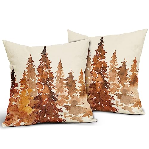 Fall Tree Pillow Covers 18x18 Set of 2 Rustic Autumn Decor Burnt Orange Watercolor Forest Decorative Throw Pillows Nature Themed Outdoor PillowCase Farmhouse Cushion Case for Sofa Couch Bed Porch