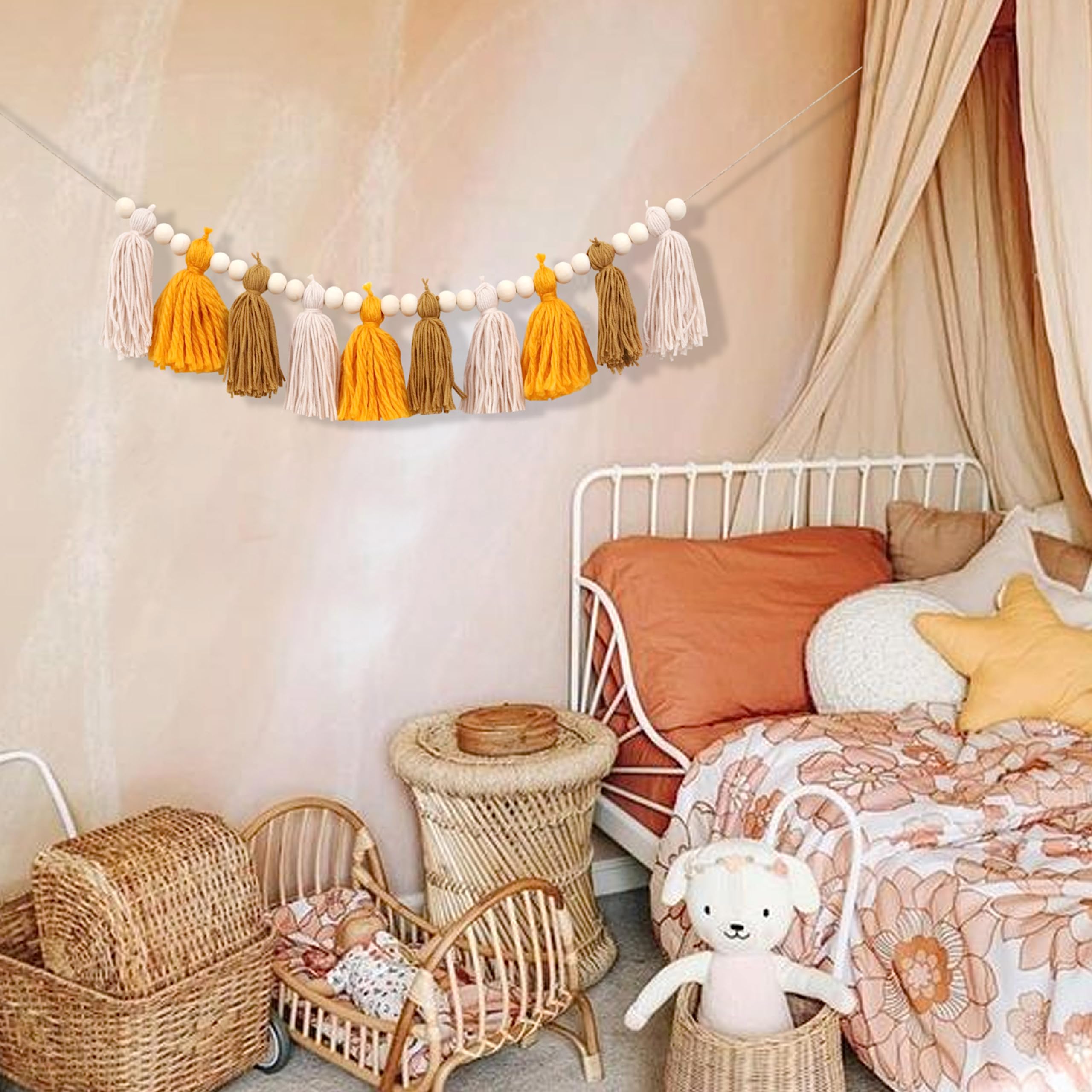 Boho Tassel Garland - 1st Birthday High Chair Banner, Boho Sun Banner, Wall Decoration for Dorm, Boho Garland with Wood Beaad, Yarn Garland, Wall Hanging for Girls Room, Nursery Baby Shower Classroom