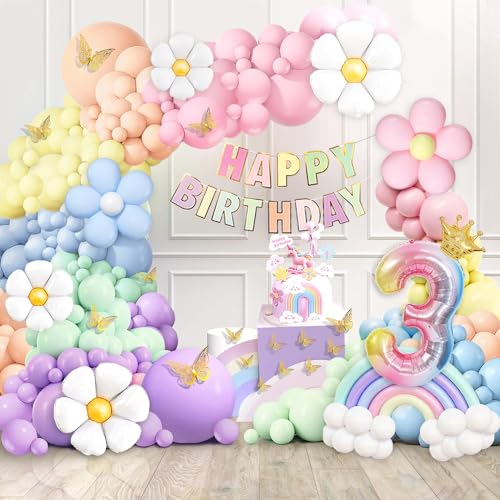 Slmeno Pastel Balloons 219Pcs Daisy Balloon Garland Kit, 18 10 5 Inch Pastel Rainbow Balloons Arch, 3rd Birthday Decorations for Girls, Number 3 Balloons Daisy Balloons for Birthday Party Decorations