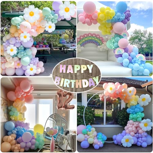 Slmeno Pastel Balloons 219Pcs Daisy Balloon Garland Kit, 18 10 5 Inch Pastel Rainbow Balloons Arch, 3rd Birthday Decorations for Girls, Number 3 Balloons Daisy Balloons for Birthday Party Decorations