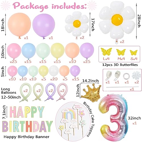 Slmeno Pastel Balloons 219Pcs Daisy Balloon Garland Kit, 18 10 5 Inch Pastel Rainbow Balloons Arch, 3rd Birthday Decorations for Girls, Number 3 Balloons Daisy Balloons for Birthday Party Decorations