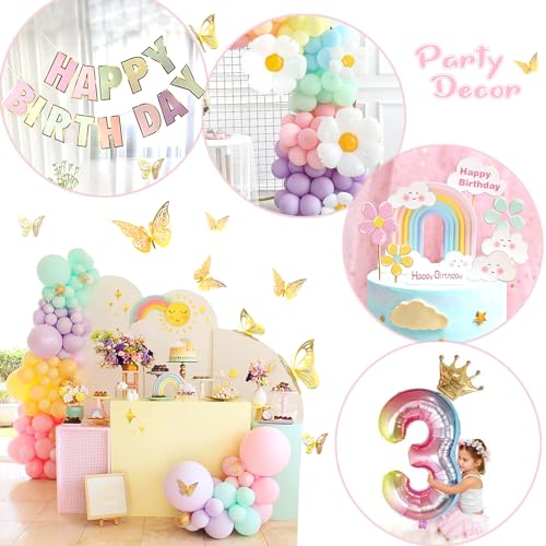 Slmeno Pastel Balloons 219Pcs Daisy Balloon Garland Kit, 18 10 5 Inch Pastel Rainbow Balloons Arch, 3rd Birthday Decorations for Girls, Number 3 Balloons Daisy Balloons for Birthday Party Decorations