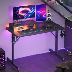 Bestier Small Gaming Desk with Monitor Stand, 42 inch LED Computer Desk, Gamer Workstation with Cup Holder & Headset Hooks, Modern Simple Style Desk for Home Office, Carbon Fiber Black