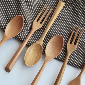 HIKOAN Triangular Handle Wooden Spoon Fork Set Dessert Wooden Spoon Wooden Fork Student Portable Spoon Fork Beechwoodspoon