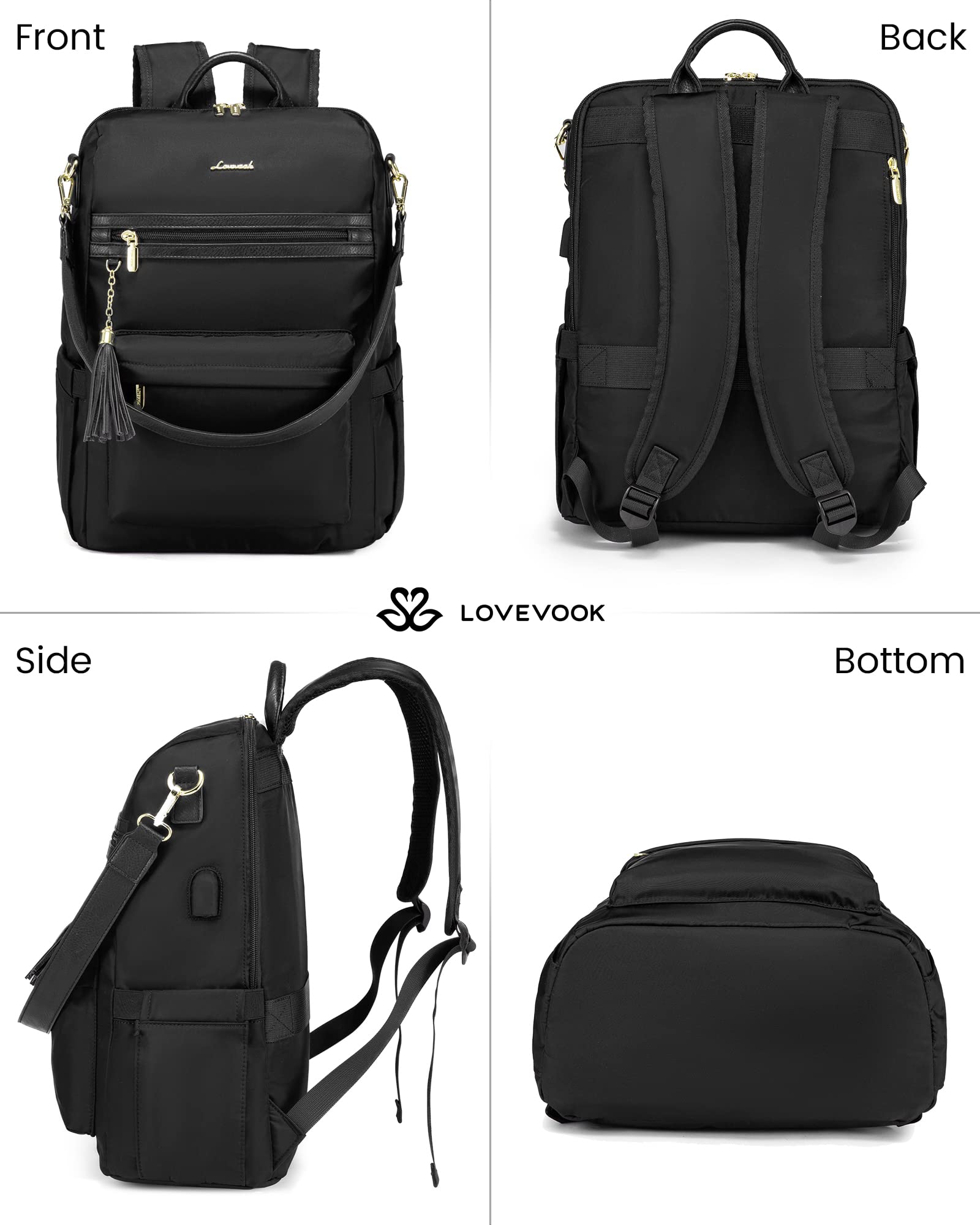 LOVEVOOK Laptop Backpack Women,15.6 Inch Convertible Backpack Purse for Women with USB Port,Fashion Teacher Nurse Bag Work Backpack with Cute Wristlet Bag for Travel Commute,Black