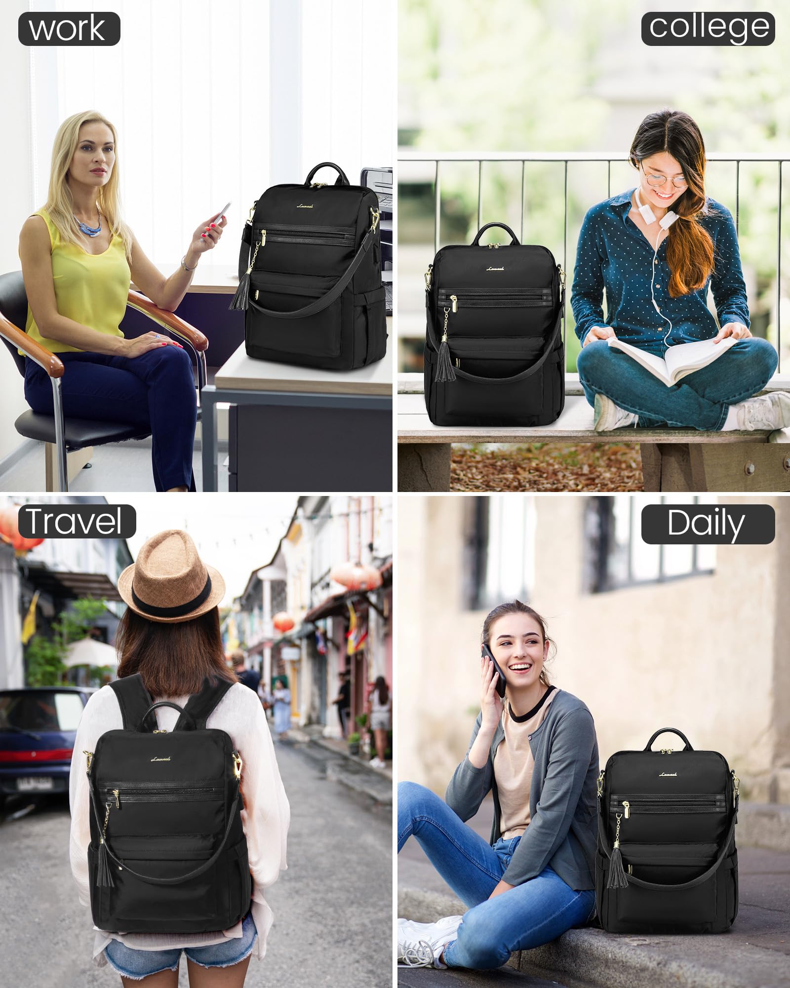 LOVEVOOK Laptop Backpack Women,15.6 Inch Convertible Backpack Purse for Women with USB Port,Fashion Teacher Nurse Bag Work Backpack with Cute Wristlet Bag for Travel Commute,Black