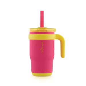 reduce 14 oz coldee tumbler with handle for kids leakproof insulated stainless steel mug with lid & spill-proof straw, keeps drinks cold up to 18 hrs, pink lemonade