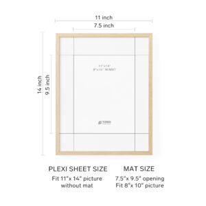 TONES FRAME DESIGN 11x14 Natural Wood Frame with 8x10 Mat, Solid Wood Venner Finish Picture Frame, and Plexiglass Front for Poster Gallery Wall Home Decor