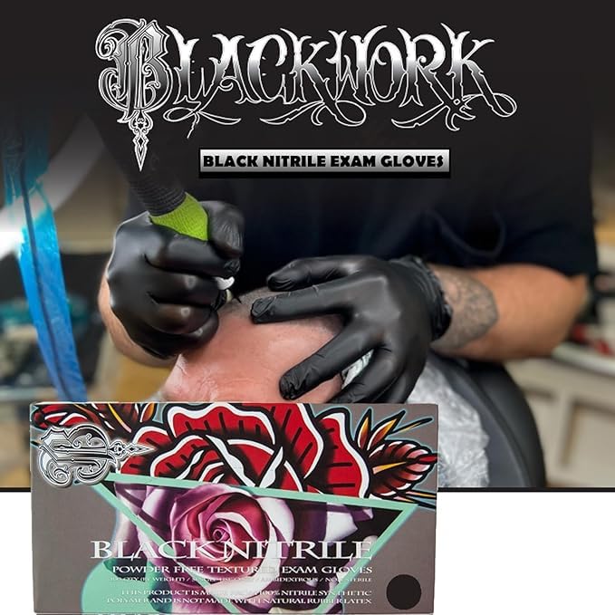 Blackwork Black Nitrile Exam Gloves - Large, Pack of 100 - Latex- & Powder- Free, Disposable, Comfrtable & Durable for Extended Wear - Tattoo, PMU, Medical, & Dental Gloves