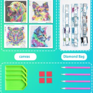 AyuqEjus Diamond Art Kits for Kids,4 Pack Diamond Art for Kids, Arts & Crafts for Kids Ages 8-12,Gem Art 5.9" X 5.9" (Cat Tiger Dog)