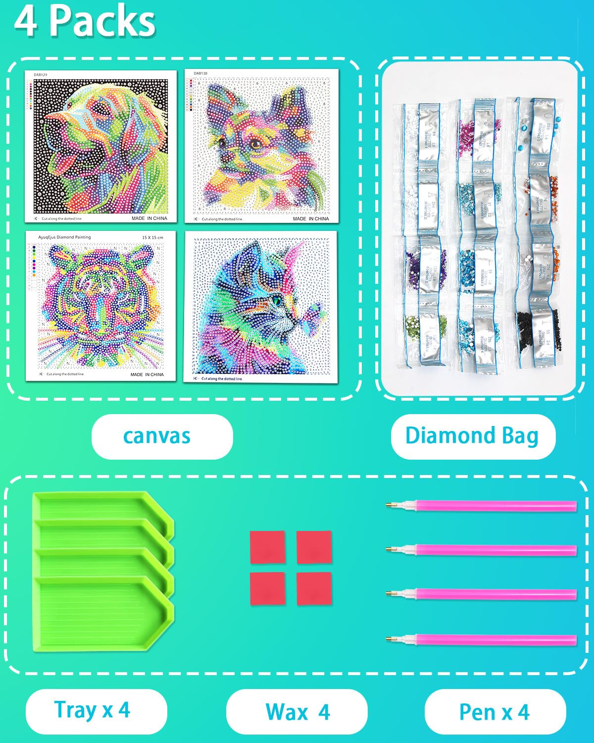 AyuqEjus Diamond Art Kits for Kids,4 Pack Diamond Art for Kids, Arts & Crafts for Kids Ages 8-12,Gem Art 5.9" X 5.9" (Cat Tiger Dog)