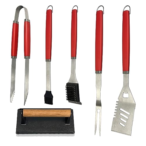 SETTECH 6PCS Grill Set for BBQ Tools Grilling Set,Heavy Duty Grill Utensils for Outdoor Grill with Spatula,Fork,2 Set of Brushes,Tongs and BBQ Press,BBQ Accessories Grill Sets for Men