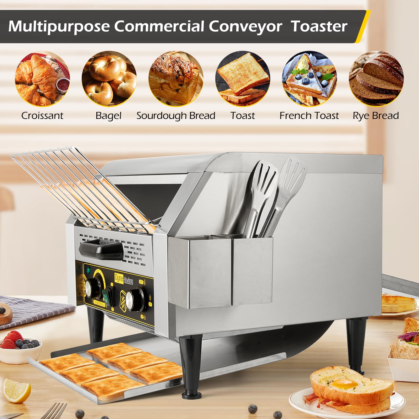 Dyna-Living Commercial Toaster 450 Slices/Hour Stainless Steel Restaurant Toaster Conveyor with Storage Boxes 2600W Heavy Duty Industrial Conveyor Toasters Bagel Toaster Conveyor Belt Toasters