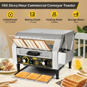 Dyna-Living Commercial Toaster 450 Slices/Hour Stainless Steel Restaurant Toaster Conveyor with Storage Boxes 2600W Heavy Duty Industrial Conveyor Toasters Bagel Toaster Conveyor Belt Toasters