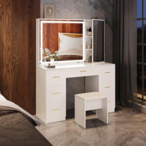 Wildhome Vanity Set with Lighted Mirror,Extra Large Mirror Makeup Vanity Table with 7 Drawers&Cushioned Stool,Dressing Table with Drawers, Bedroom Vanity Desk for Women, White