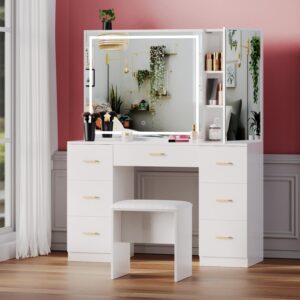 Wildhome Vanity Set with Lighted Mirror,Extra Large Mirror Makeup Vanity Table with 7 Drawers&Cushioned Stool,Dressing Table with Drawers, Bedroom Vanity Desk for Women, White