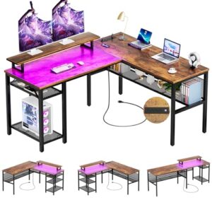 unikito l shaped desk with magic power outlets and smart strip light, reversible 55 inch corner computer desk with monitor stand, unique grid design, office table with storage shelves, rustic brown