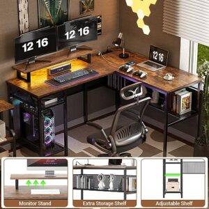 Unikito L Shaped Desk with Magic Power Outlets and Smart Strip Light, Reversible 55 Inch Corner Computer Desk with Monitor Stand, Unique Grid Design, Office Table with Storage Shelves, Rustic Brown